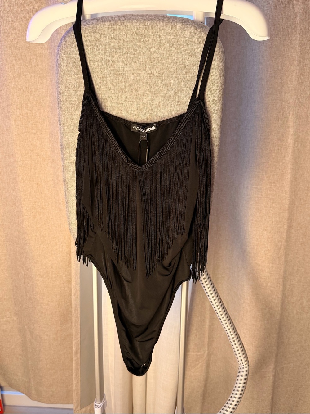 Fashion Nova Black Fringe Bodysuit with Slim Straps
